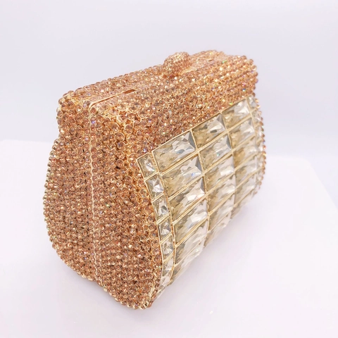 Bolso de Noche de Lujo de Aleación con Strass para Mujer Cartera de Mano Cuadrada de Cristal para Banquete Fiesta Boda con Cierre Magnético
