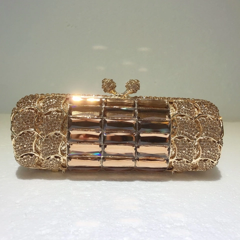 Sac De Soirée De Luxe Pochette Avec Strass Or Champagne Et Cristal Ambre Cadre Métallique Chaîne Amovible Pour Mariage