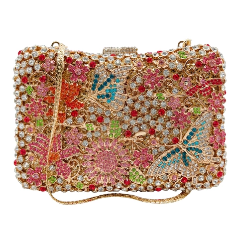 Rhinestone Schmetterling Blume Abend Clutch Bag Metall Hartschale Luxus Elegant Party Hochzeit Handtasche Mit Kette