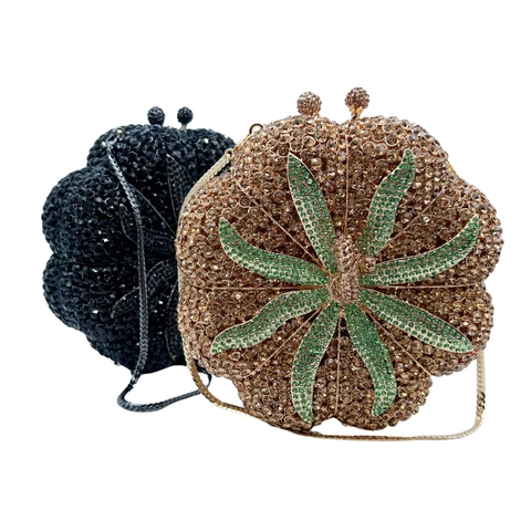Borsa da Sera di Lusso Zucca con Strass per Donna Pochette in Lega Traforata per Festa Matrimonio Banchetto Oro Nero