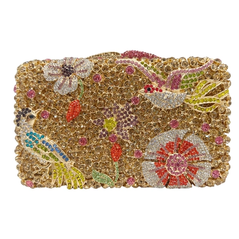 Bolso De Noche De Lujo De Metal Rígido Con Estrás Patrón Flor Y Pájaro Banquete Elegante Para Mujeres