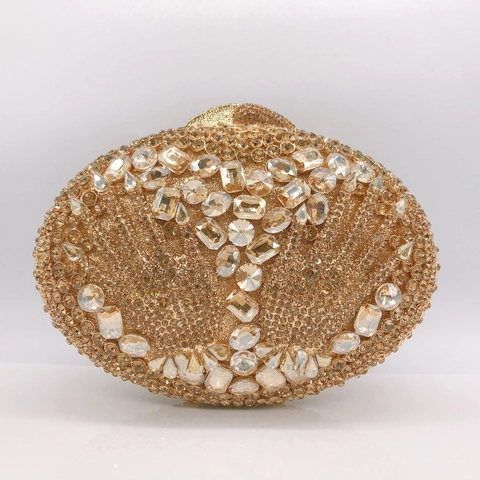 Luxury Rhinestone Evening Clutch Bag Oval Hollow Out Metal Gold Party Banquet Purse With Chain Strap For Women
