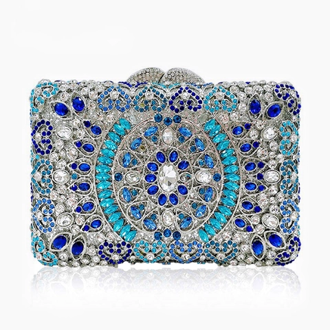 Luxury Rhinestone Evening Clutch Bag Metal Frame Mandala Pattern Crystal Box Handbag For Wedding Party Formal Event
