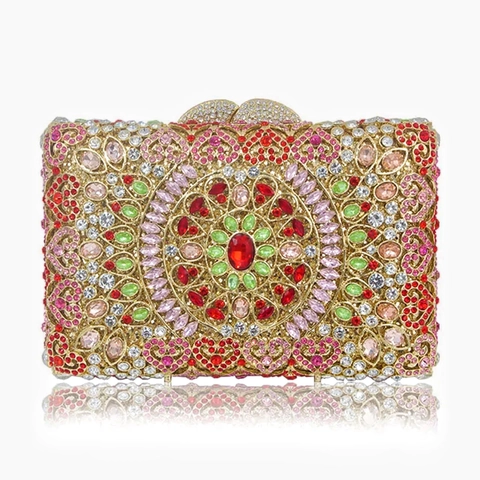 Luxury Rhinestone Evening Clutch Bag Metal Frame Mandala Pattern Crystal Box Handbag For Wedding Party Formal Event
