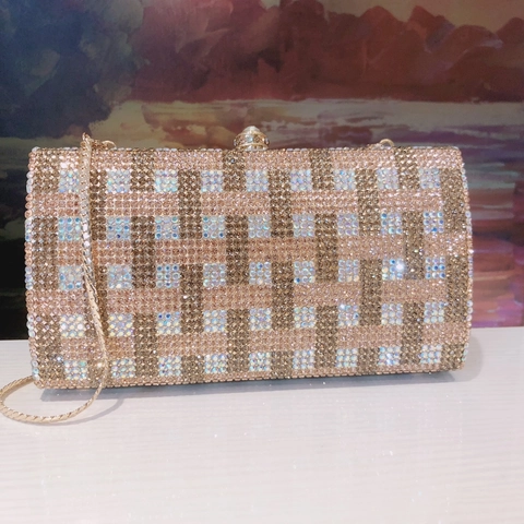 Pochette Da Sera Con Strass Cristallo Completo Scacchi Guscio Rigido Con Catena In Metallo Per Festa Banchetto Matrimonio Donne