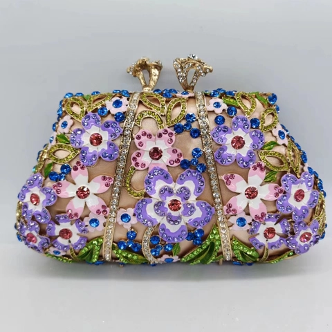 Bolso De Noche De Lujo Con Esmalte Floral Y Pedrería Cartera De Mano Con Marco De Metal Para Mujer
