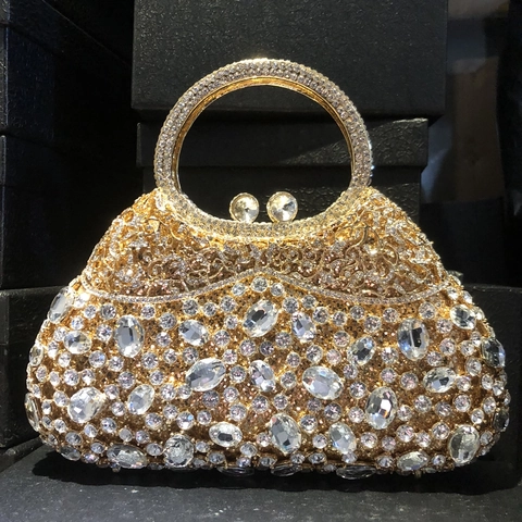Bolso De Noche Lujo Pedrería Ovalado Hueco Cristal Clutch Boda Fiesta Bolso De Mano Aro Metal Elegante Mujeres