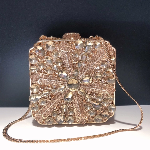 Hollow Rhinestone Evening Clutch Bag Alloy Metal Frame Sparkling Diamond Square Box Handbag For Women Party Banquet Wedding