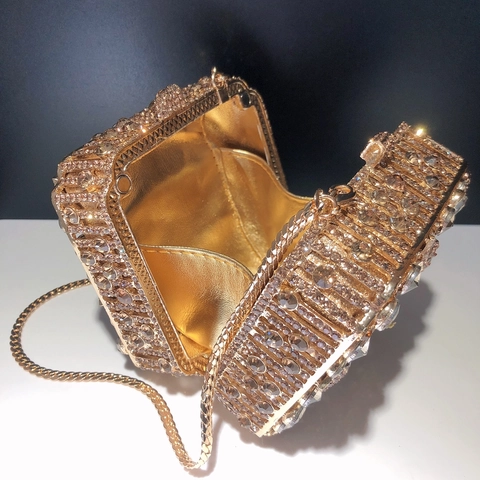 Hollow Rhinestone Evening Clutch Bag Alloy Metal Frame Sparkling Diamond Square Box Handbag For Women Party Banquet Wedding