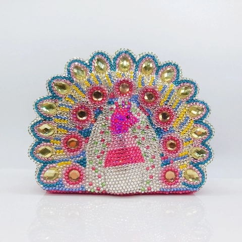 Peacock Shape Rhinestone Evening Clutch Bag Colorful Crystal Party Purse With Metal Chain For Women