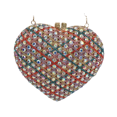 Heart Shaped Evening Bag Rhinestone Crystal Clutch Hard Shell Metal Frame Chain Strap Wedding Party Banquet Handbag