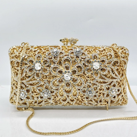 Lussuosa Borsa da Sera in Lega con Strass Traforato Floreale Pochette di Cristallo con Catena per Matrimonio Festa Donna