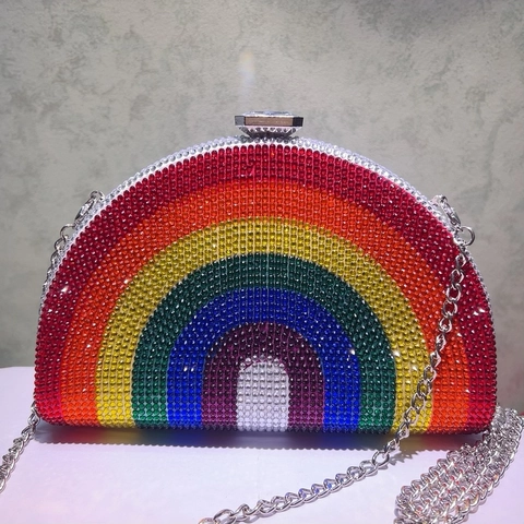 Borsa Da Sera Clutch Arcobaleno Con Strass Per Donna Chiusura In Cristallo Scintillante Forma D Borsa Da Festa Con Catena Rimovibile