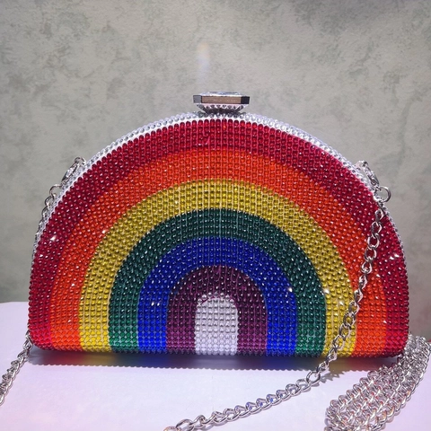 Rainbow Rhinestone Evening Clutch Bag For Women Sparkling Crystal Clasp D-Shaped Party Handbag With Detachable Chain