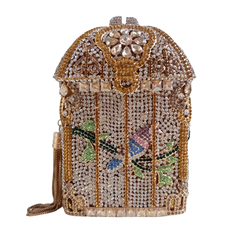 Birdcage Evening Clutch Bag Rhinestone Alloy Metal Hollow Out Flower Bird Pattern Tassel Luxury Formal Wedding Party