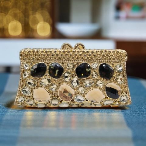 Rhinestone Evening Clutch Bag Women Alloy Hollow Glass Stone Glamorous Wedding Party Handbag Detachable Chain Luxury