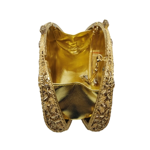 Pochette Da Sera Intagliata In Lega Metallo Strass Oro Borsa Da Mano Per Matrimonio Con Tracolla A Catena Rimovibile Per Donna