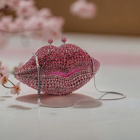 Lip Shape Strass Clutch Abendtasche Funkelnde Kristall Metallrahmen Hochzeit Party Handtasche Mit Kette Für Damen