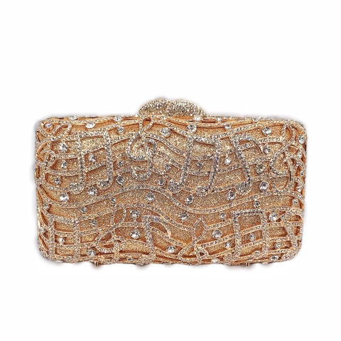 Rhinestone Evening Clutch Bag Musical Note Crystal Hollow Metal Hard Shell Handbag With Chain For Wedding Banquet Party