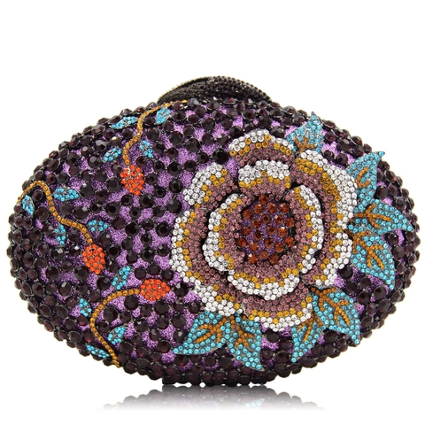 Evening Clutch Bag Rhinestone Crystal Flower Pattern Oval Hard Shell Metal Frame Wedding Party For Women