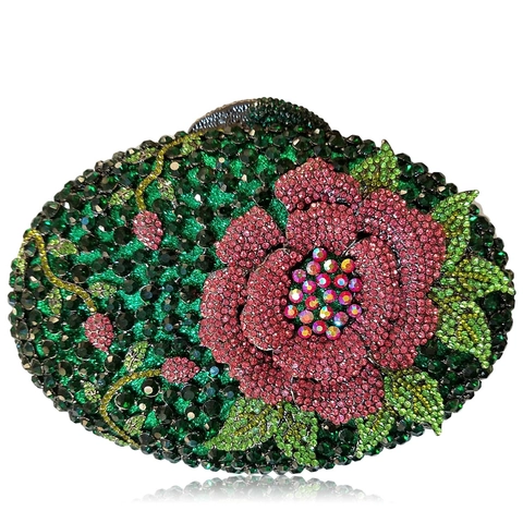 Evening Clutch Bag Rhinestone Crystal Flower Pattern Oval Hard Shell Metal Frame Wedding Party For Women