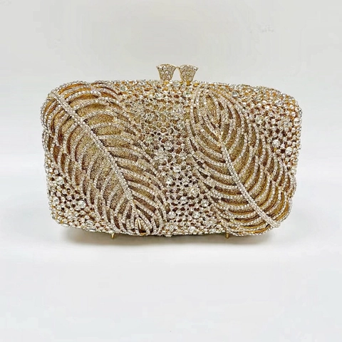 Pochette Da Sera Di Lusso Con Strass Motivo Foglie In Metallo Elegante Banchetto Festa Matrimonio Borsa A Guscio Rigido