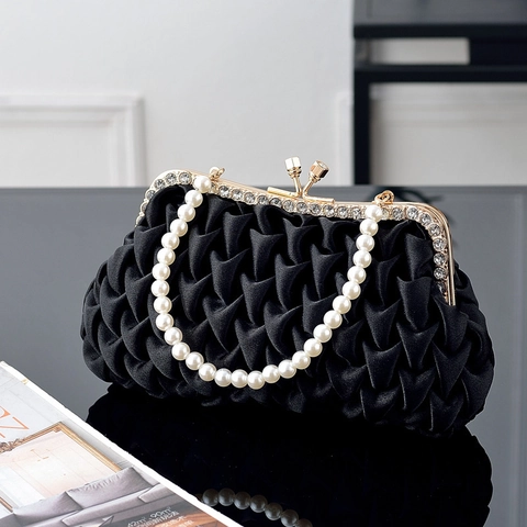 Pleated Satin Evening Clutch Bag Rhinestone Metal Frame Satin Handbag With Artificial Pearl Handle For Wedding Banquet