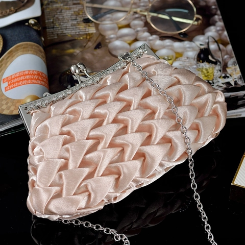 Pleated Satin Evening Clutch Bag Rhinestone Metal Frame Satin Handbag With Artificial Pearl Handle For Wedding Banquet