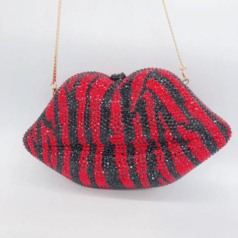 Lip Clutch Tas Strass Zebra Patroon Rood Zwart Avond Banket Handtas Met Kettingriem Voor Dames Glamoureus