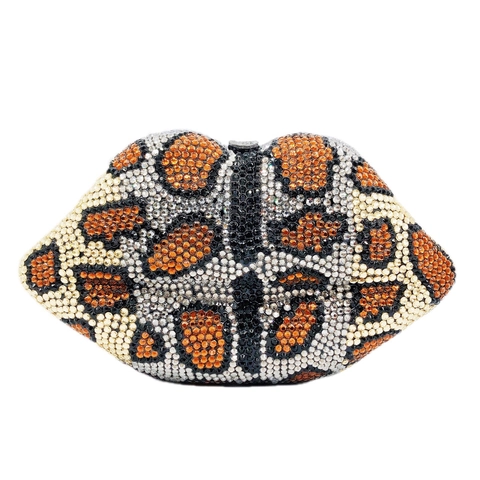 Lipvormige Avondtas Met Luipaardprint En Strass Voor Dames Harde Schaal Party Clutch Met Ketting