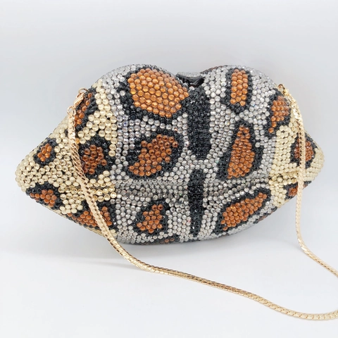 Lipvormige Avondtas Met Luipaardprint En Strass Voor Dames Harde Schaal Party Clutch Met Ketting
