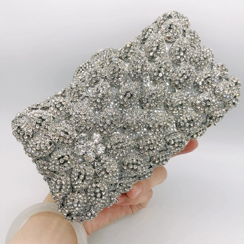 Pochette De Soirée En Strass Sac À Main En Métal Cristal Motif Floral Feuille Coque Rigide Mariage Fête Pour Femmes