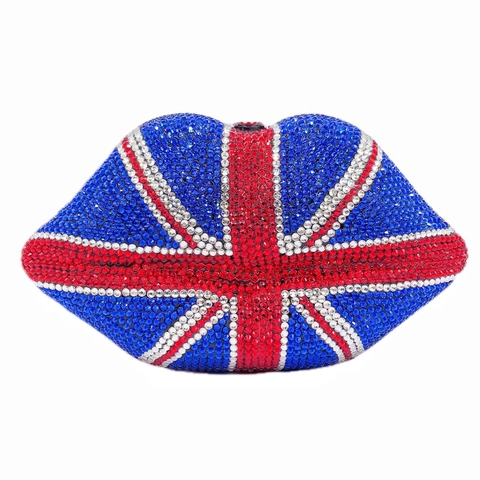 Union Jack Lip Shape Evening Clutch Bag Full Rhinestone Crystal Hard Shell Handbag With Metal Chain For Women Party