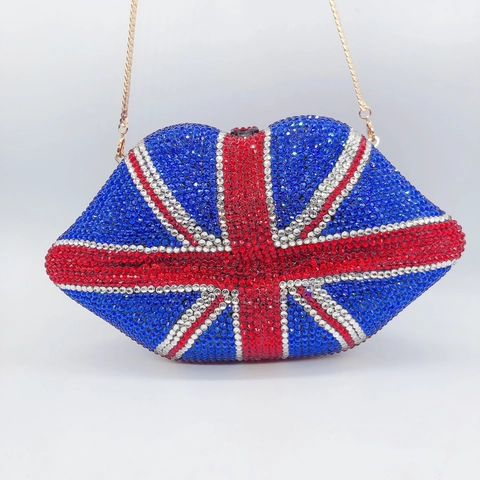 Union Jack Lip Shape Evening Clutch Bag Full Rhinestone Crystal Hard Shell Handbag With Metal Chain For Women Party