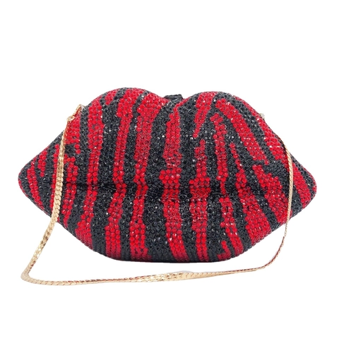 Lip Clutch Tas Strass Zebra Patroon Rood Zwart Avond Banket Handtas Met Kettingriem Voor Dames Glamoureus