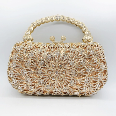 Bolso De Noche De Lujo Clutch De Diamantes De Imitación Hueco Floral De Metal Para Boda Fiesta Banquete