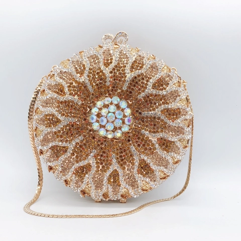 Pochette Da Sera Rotonda Di Lusso Con Strass Completi Metallo Motivo Floreale Banchetto Matrimonio Festa Borsa Elegante