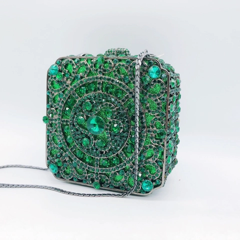 Women Luxury Square Box Evening Clutch Purse Bag Metal Rhinestone Hard Shell Retro Party Wedding Handbag