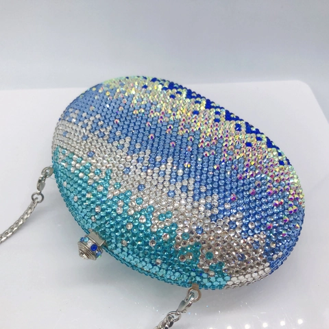Elegant Oval Rhinestone Evening Clutch Purse Gradient Blue Crystal Inlaid Hard Shell Handbag For Women Party Wedding