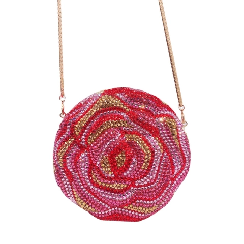Luxe Avondtas Dames Roos Bloem Strass Metaal Harde Schaal Party Bruiloft Handtas Met Ketting