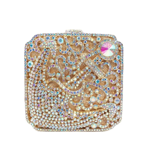 Square Evening Clutch Bag Rhinestone Luxury Metal Hard Case Wedding Party Handbag Anchor Pattern For Women