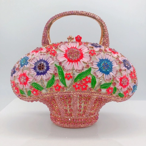 Bolso De Noche Cesta De Flores Lujo Diamantes De Imitación Esmalte Metal De Mano Para Fiesta Boda Mujeres