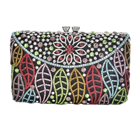 Luxury Rhinestone Evening Clutch Bag Leaf Floral Pattern Metal Box Handbag With Chain Strap For Wedding Party