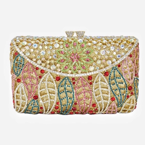 Luxury Rhinestone Evening Clutch Bag Leaf Floral Pattern Metal Box Handbag With Chain Strap For Wedding Party