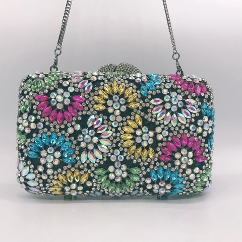 Pochette Da Sera Floreale Con Strass Lusso Pietre Preziose Colorate Guscio Rigido Con Catena In Metallo