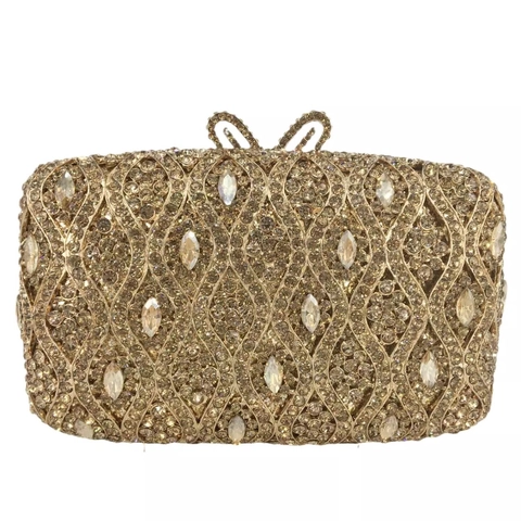 Elegant Rhinestone Evening Clutch Bag Wave Pattern Metal Hard Shell Bow Clasp Banquet Wedding Purse For Women