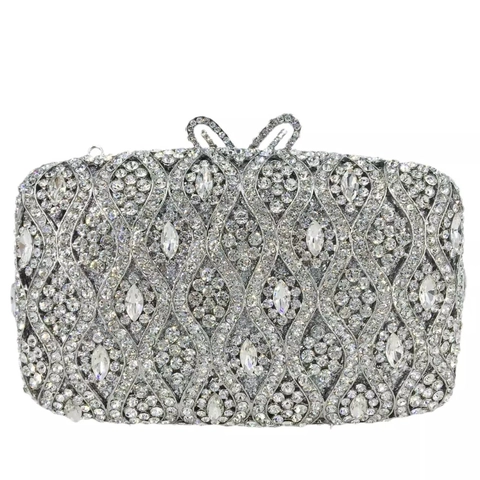 Elegant Rhinestone Evening Clutch Bag Wave Pattern Metal Hard Shell Bow Clasp Banquet Wedding Purse For Women