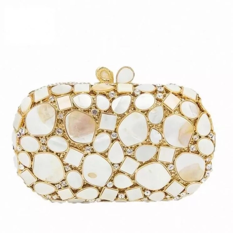 Luxurious Shell Rhinestone Evening Clutch Bag Mother Of Artificial Pearl Metal Hard Shell Party Handbag For Women