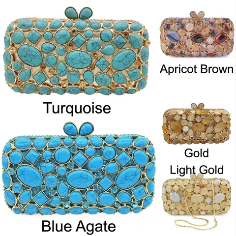 Luxury Evening Clutch Bag Metal Rhinestone Agate Turquoise Gemstone Hard Box Handbag For Wedding Party Banquet