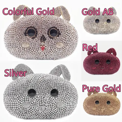 Rabbit Shape Evening Clutch Bag Full Rhinestone Hollow Metal Luxury Sparkling Animal Handbag For Women Party Wedding